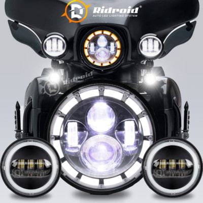 7'' Inch Chrome LED Headlight+4.5'' Fog Lights &Halo For Harley Davidson Touring