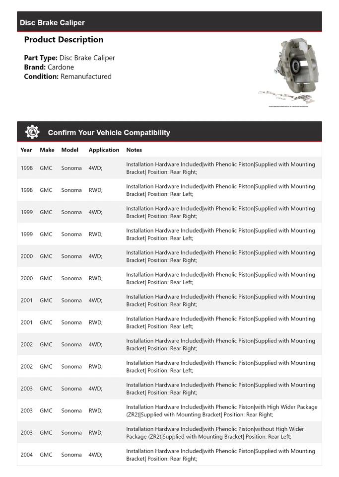 Pinça de freio a disco Cardone 1999 2000 2001 2002 2003 para 1998-2004 GMC Sonoma - Imagem 2 de 4