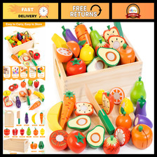 Wooden Play Food Set for Toddlers - Fruit Veggies Cutting Toys for Kids 3-7