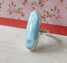 Long Oval Larimar Ring 925 Sterling Silver, Boho Anniversary Ring All Size R 535