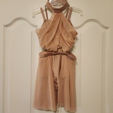 Revolution Dance Costume blush pink beige leotard skirted MC sequins