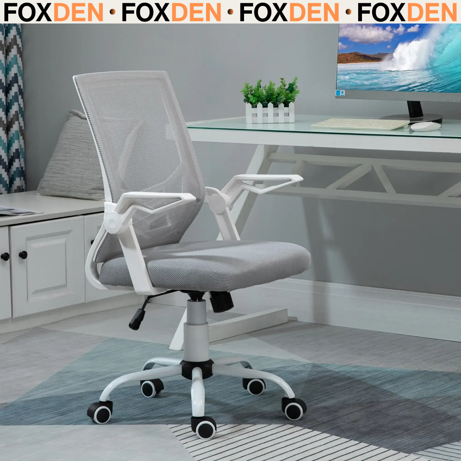 Bobobiy Grey Office Chair With Flip-Up Armrest, Mid Back Desk Chair With Mesh Back, Lumbar Support, Adjustable Height, Swivel Wheels For Home, - Image 2