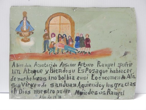 LARGE VINTAGE TIN MEXICAN RELIGIOUS EX VOTO RETABLO CATHOLIC CHRISTIAN FOLK ART