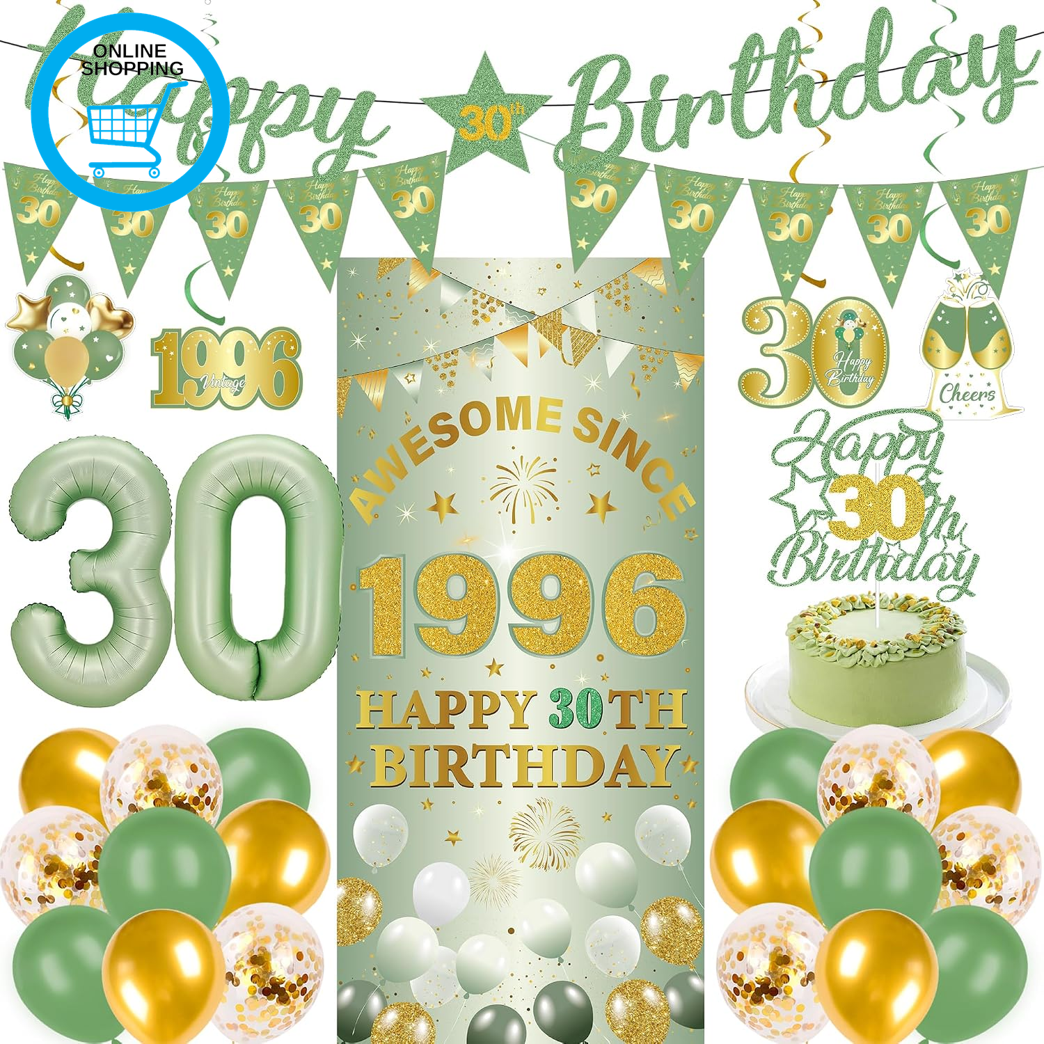 30Th Birthday Decorations Men Women - 27 Pcs Green Gold Happy 30Th Birthday Bann