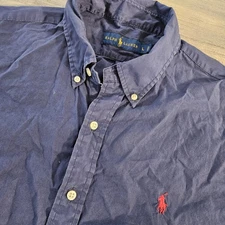 Polo Ralph Lauren Men's L Navy Silk Cotton Blend Short Sleeve Button Down Shirt