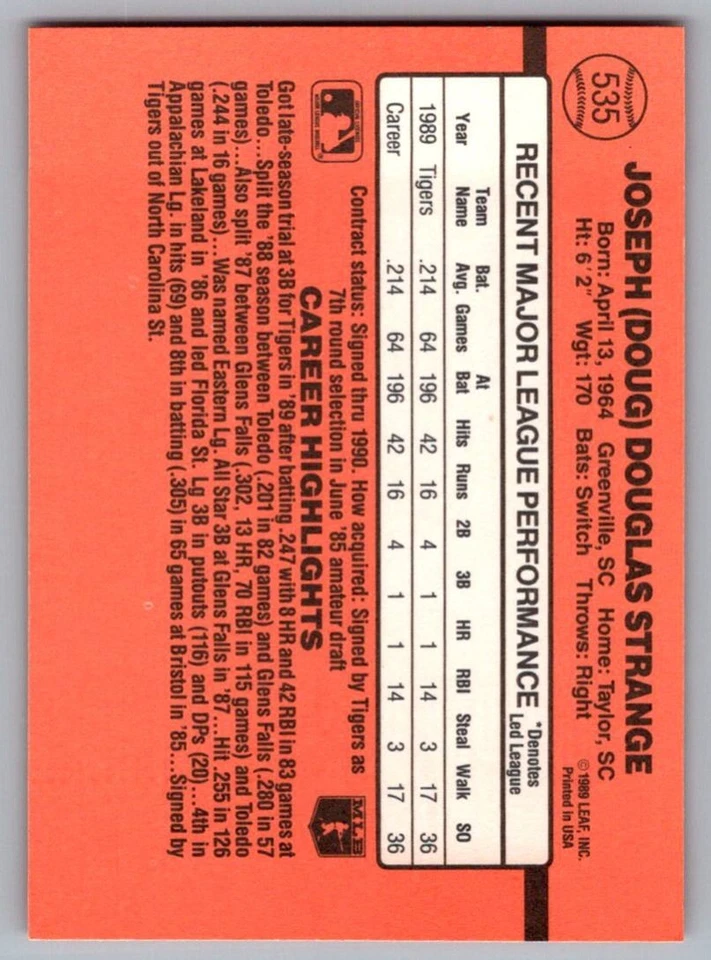 1990 Donruss Doug Strange Rookie Detroit Tigers #535 - Image 2 of 2