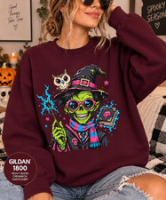 Neon Witch Skeleton Sweatshirt, Spooky Wizard Skull Crewneck
