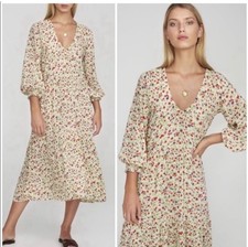 Faithfull The Brand Bastille Les Fleurs Dress S Tiered 3/4 Sleeve Flowy Floral 