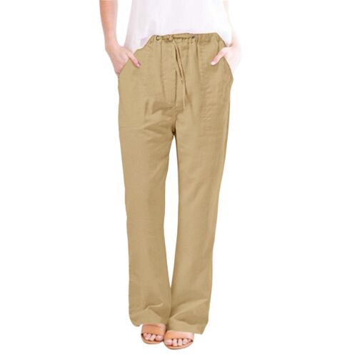 Women's Cotton Linen Long Lounge Pants High Waist Drawstring Loose Fit Trousers - Picture 17 of 66