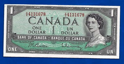 1954 CANADA Canadian ONE 1 DOLLAR BILL prefix X/Z NOTE crisp high