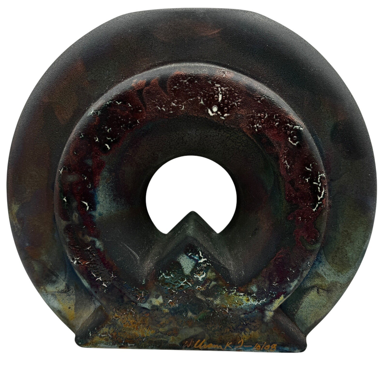 Signed William K Turner Studio Art Pottery Raku Round Iridescent Table Vase