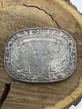 Silver Tone Belt Buckle Engraved Swirl Design Place for Engraving Vintage