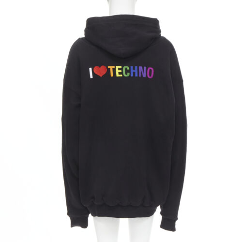 NEW! BALENCIAGA Demna 2018 black I Love Techno embroidered heavy cotton  hoodie M
