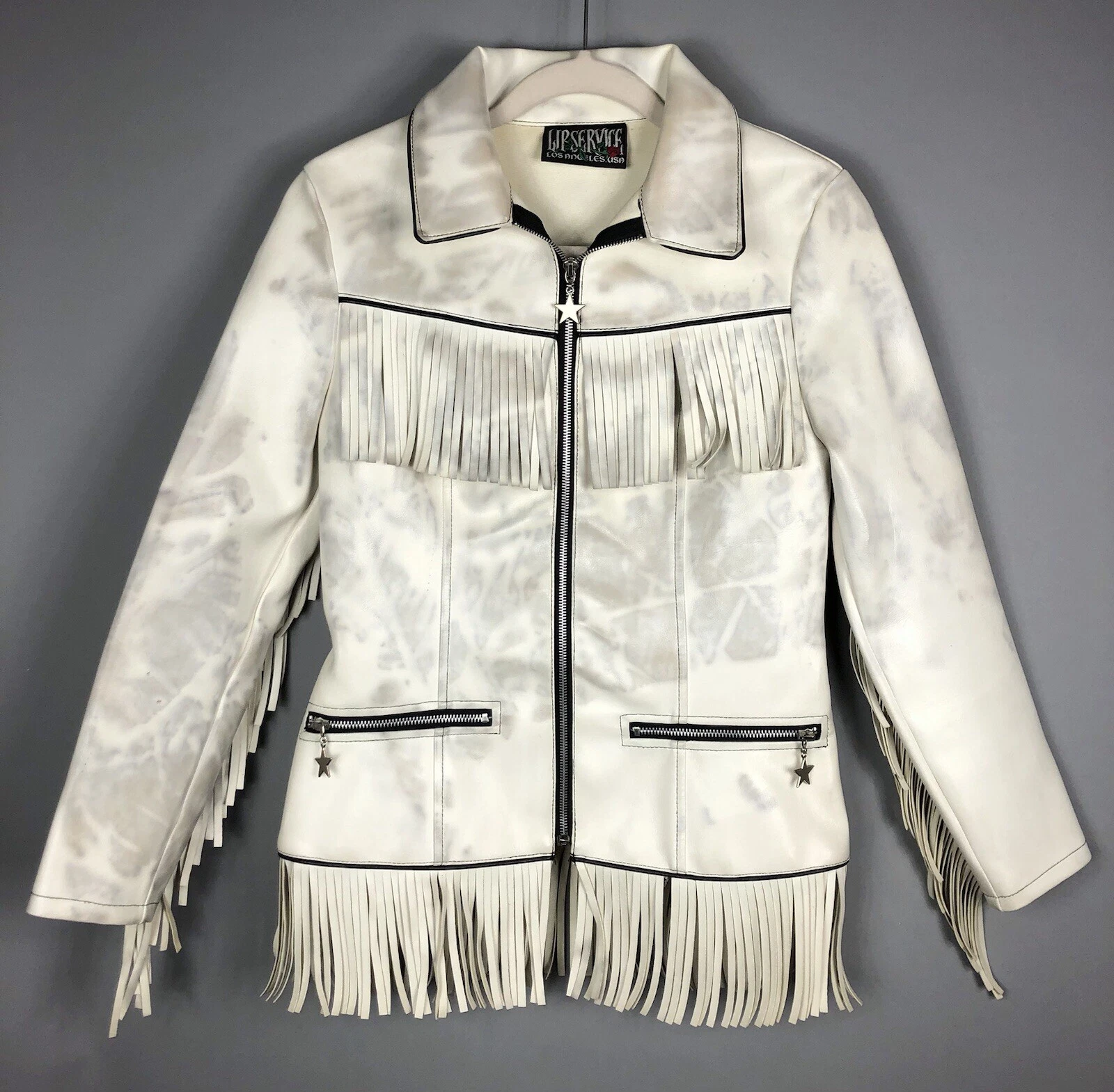 OFF WHITE Giacca cowgirl western vintage Lip Service ecopelle frange zip M bianco sporco USA