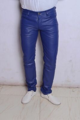 Leather Pants Men Pant Trousers Slim Biker Fit Men's Jeans Style Real Blue 