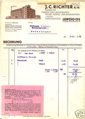 LEIPZIG, Rechnung 1939, J. C. Richter Fabrik von Lederwaren Reise-Schul-Badearti