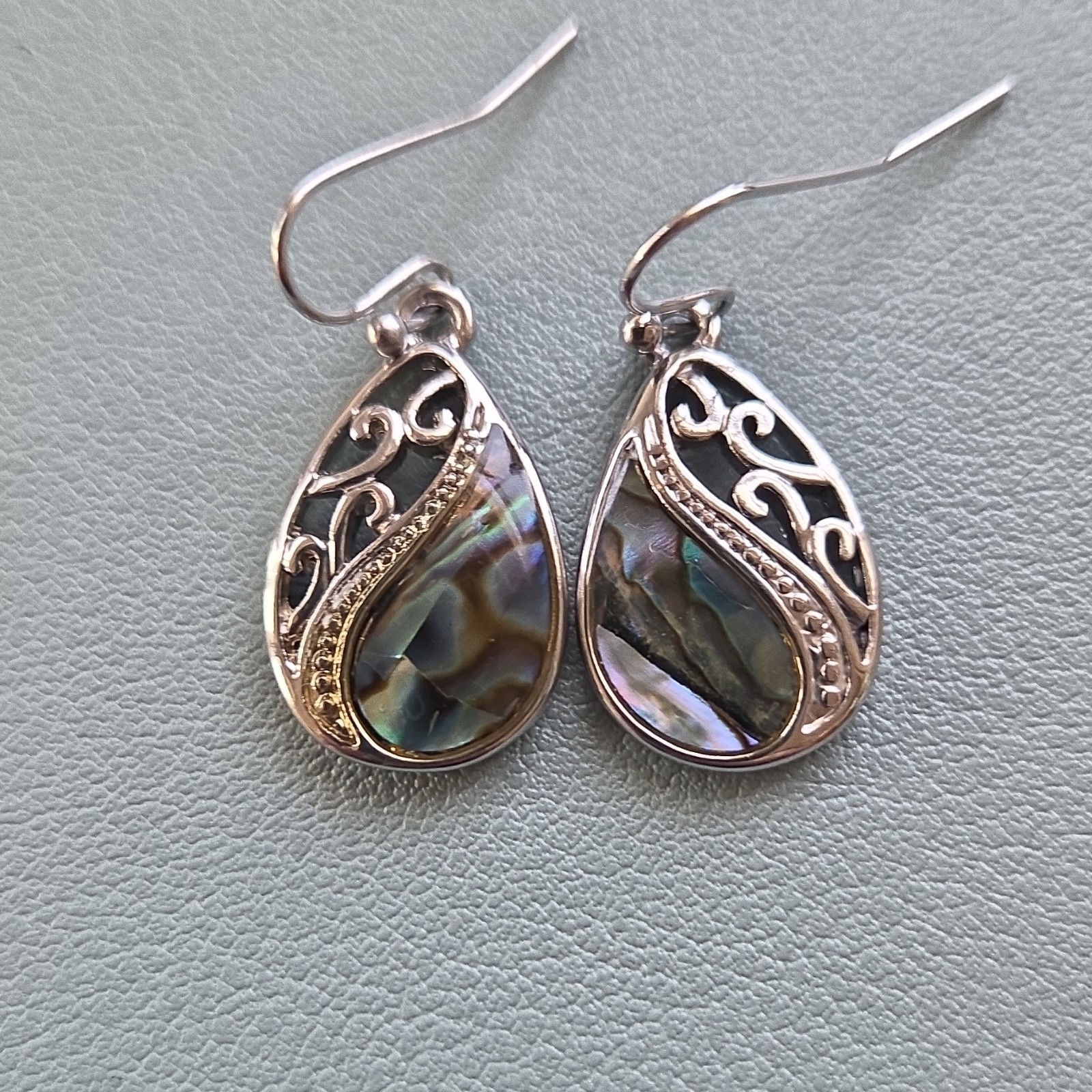 Teardrop Abalone Shell Dangle Earrings Silver Ton… - image 1