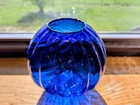 Vintage Cobalt Blue Glass Vase Decor Ribbed Pumpkin Design Murano Style Italy