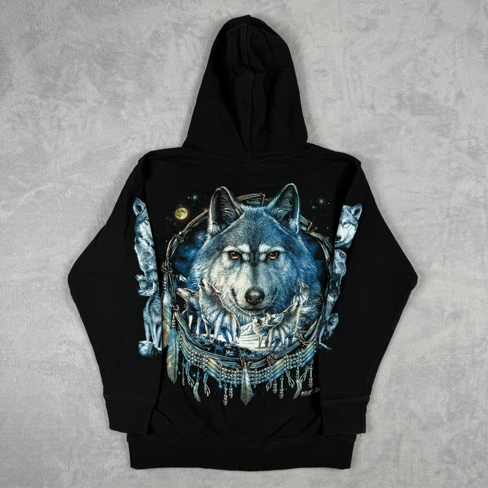 Vintage Wild 2000s Y2K Wolf Graphic Heavyweight Cotton Sz Medium Full Zip Hoodie image 6