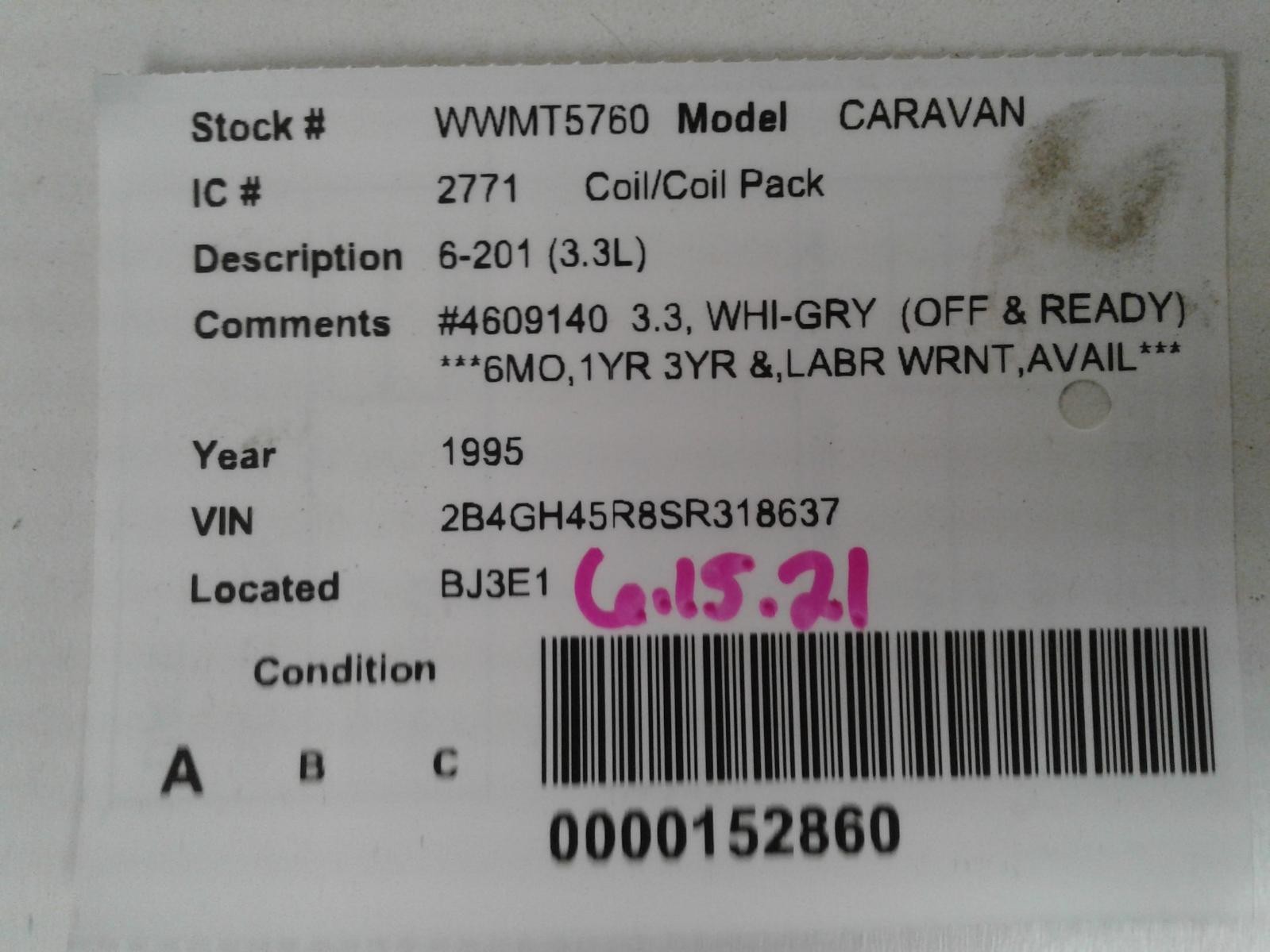 Used Ignition Coil fits: 1995 Dodge Caravan  Grade A