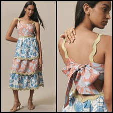Farm Rio x Anthropologie Linen Blend Tiered Ric Rac Midi Dress Sz SMALL Back Bow