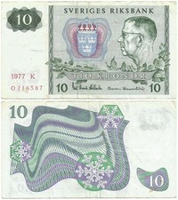 1977 KINGDOM of SWEDEN Nice  TIO  or 10 KRONOR NOTE 1963-90 Type KING GUSTAF VI