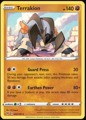 Terrakion - 092/185 - Rare (Near Mint) Vivid Voltage - Fighting Pokémon