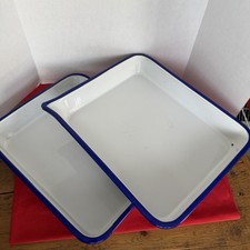 2 Lg Vtg Porcelain Cesco Photo Darkroom Film Developing Trays Blue Rim 17x14x2.5