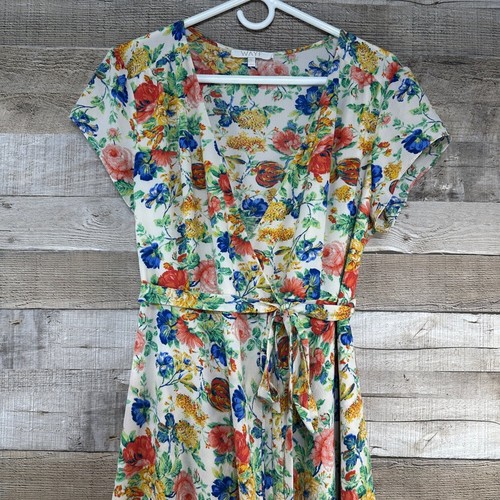WAYF Floral Wrap Dress High Low Ruffle Hem Midi Short Sleeve V-Neck Ivory Large