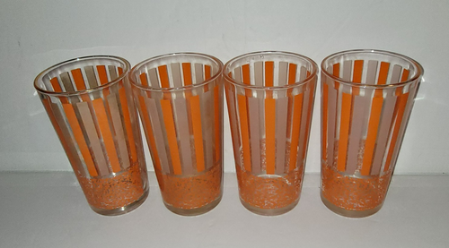 Highball Drink Glasses Orange Striped Mid Century Set of 4