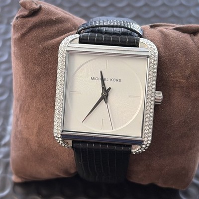 Michael Kors Lake Pave Silver Tone w/ Black Learher Strap #MK2583