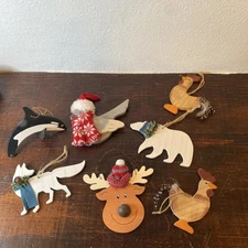 Lot Of  7 Wooden Animal  Christmas Ornaments So Cute! Chicken, Fox, Polar Bear