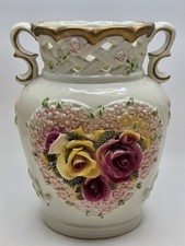 Capodimonte Style Vase Lattice Basket Weave Yellow  Pink Roses w/ Gold Trim M