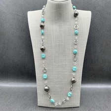 Turquoise Silver Tone Beaded Necklace Clear Crystal Beads Long Fashion Jewelry
