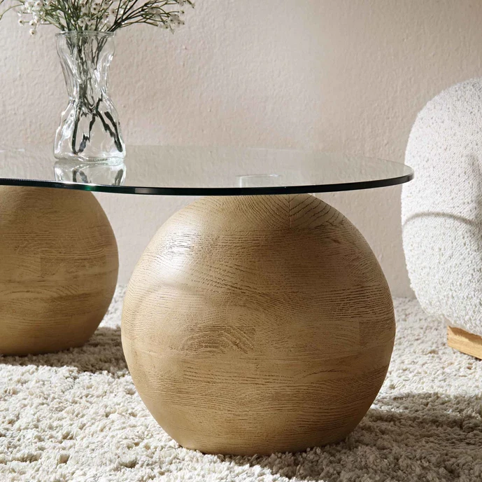 Luxury Glass Coffee Table with Ball Base | Sveti Curved Glass Coffee Table Decor - Image 4 of 4