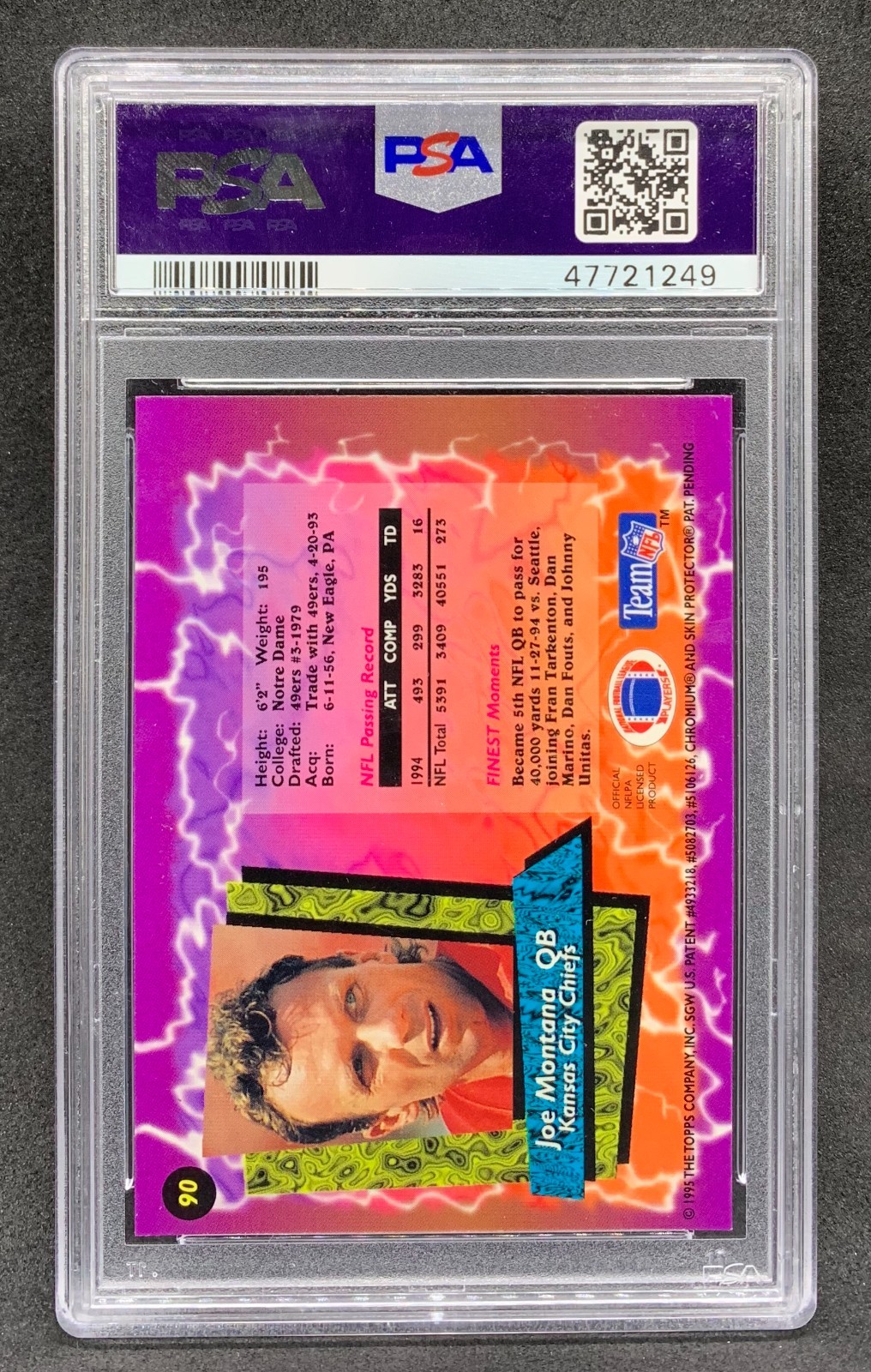 1995 Topps Finest JOE MONTANA Chiefs Refractor With Coating SP #90 NM PSA 7 view 2