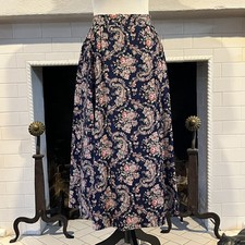 Vintage 90s Floral Garden Party Navy Blue Maxi Skirt Cotton Womens Size 9 10