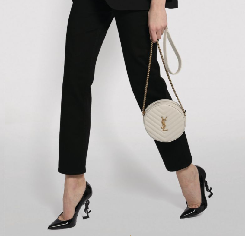 NUOVA** Borsa a tracolla Saint Laurent YSL vinile rotonda trapuntata grani di polvere crema