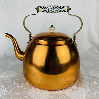Lg Copper Kettle Gooseneck Bird Spout 6 qt Metalutil Portugal Ceramic Handle VGC