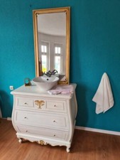 BADMÖBEL-SET KOMMODE SPIEGELWASCHTTISCH HOLZ WEISS-GOLD SHABBY-LOOK BAROCK-STIL 