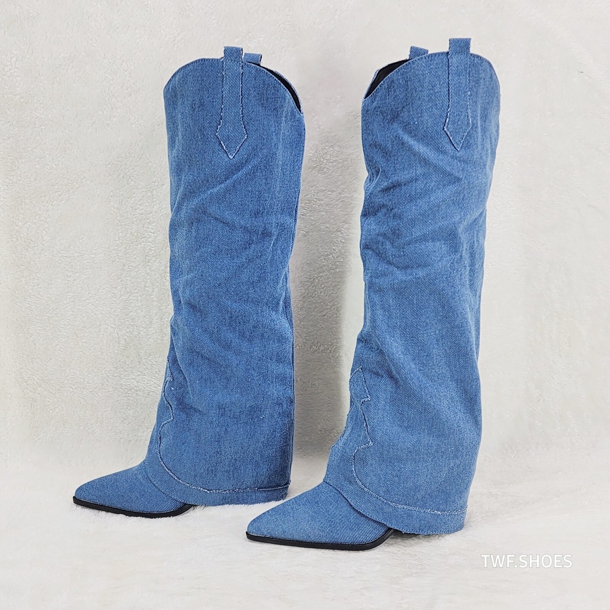 Rough Cut Denim Skirted Fold Over Country Western Knee High 