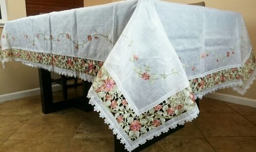 54x72" Embroidery Sheer Handmade Rhinestone Jeweled Organza Cutwork Tablecloth - Picture 5 of 6