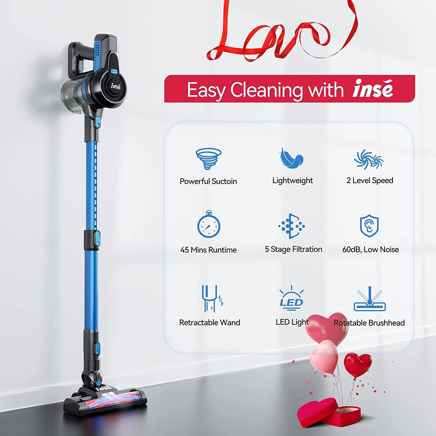 INSE N650 Cordless Handheld Stick Upright Vacuum Cleaner Blue 1Year