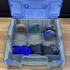 Takara Tomy Mixed Lot Metal Masters w/Blue Carry Case, 3 Launcher, 4 Beyblades