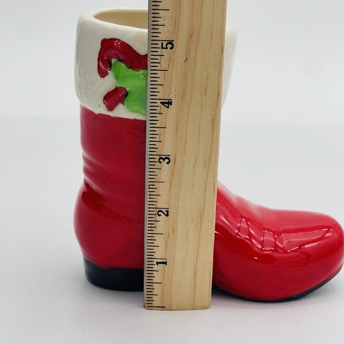 Bota de Papá Noel de cerámica vintage bastón de caramelo verde arco maceta 5" - Imagen 15 de 16