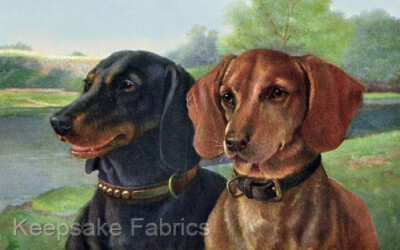 Dachshunds Lakeside Portrait Cotton Crazy Quilt Block Multi Szs