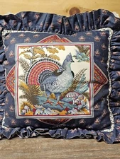 Vtg Reversible 2 Geese in a Pond / Grouse Accent Throw Pillow Ruffle Eyelet