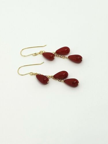14k Yellow Gold Red Coral Teardrop Drop Dangle Earrings - Picture 4 of 5
