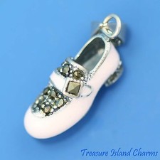 Pink Enamel and Marcasite Baby Girl Shoe 3D 925 Solid Sterling Silver Pendant