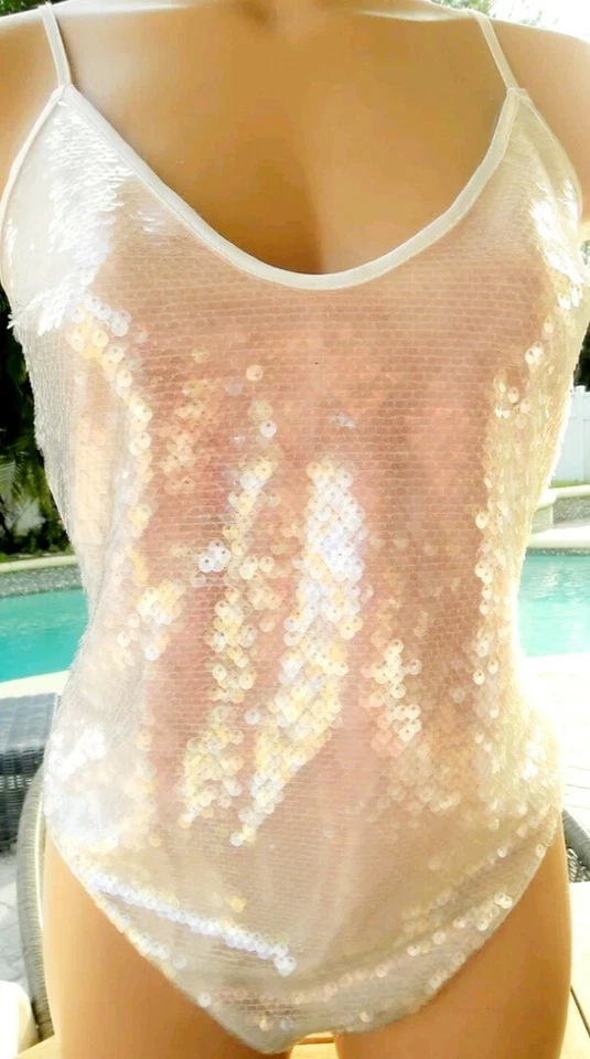 Victorias Secret Raro Lentejuelas Satinado ❤️ Body Peluche Brillo M Bling Tanga Blanco Foto 2 de 3